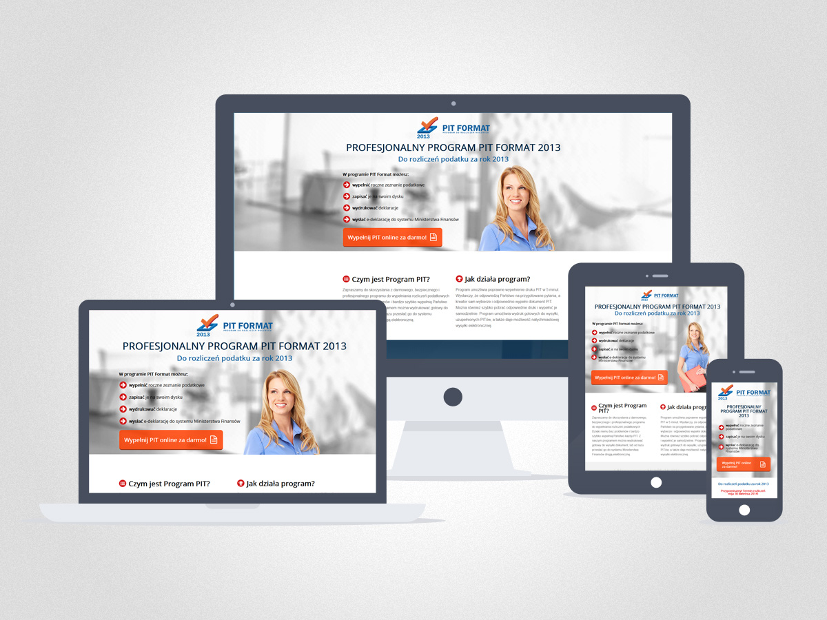 Przykład landing page’a dostosowanego do wyświetlaczy komputera, smartfona i tableta