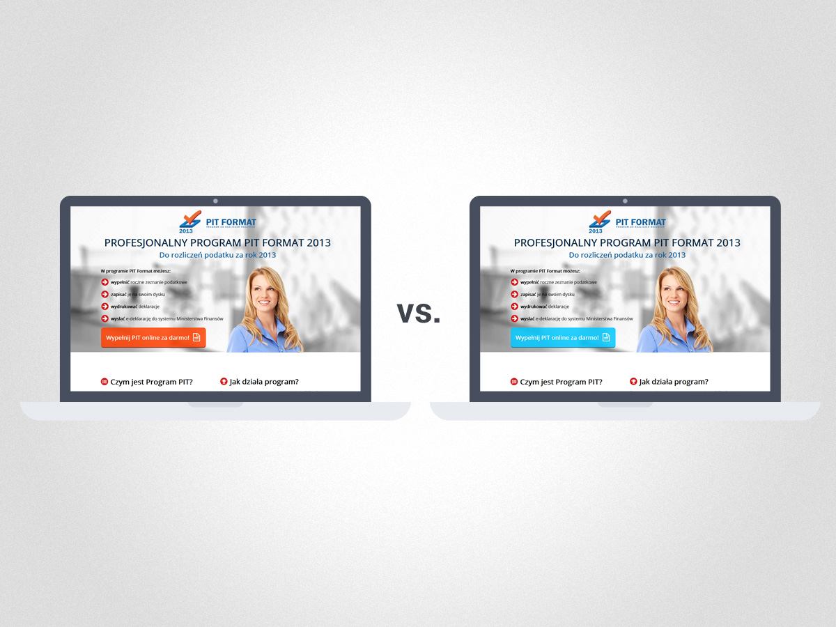 Przykład landing page’a przygotowanego do testów A/B, różniącego się tylko jednym elementem