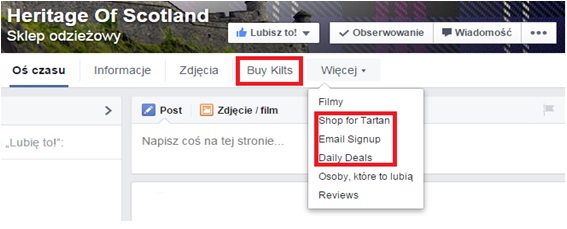 Przykład górnego menu strony firmowej, który zawiera dodatkowe aplikacje wykorzystujące ruch z Facebooka