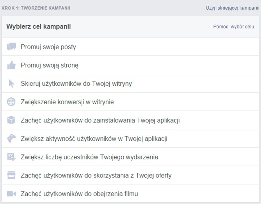 Podział reklam Facebooka ze względu na cel kampanii