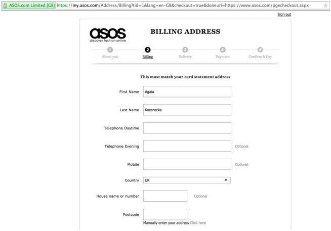 Przyklad izolowanego procesu zakupowego w Asos.com