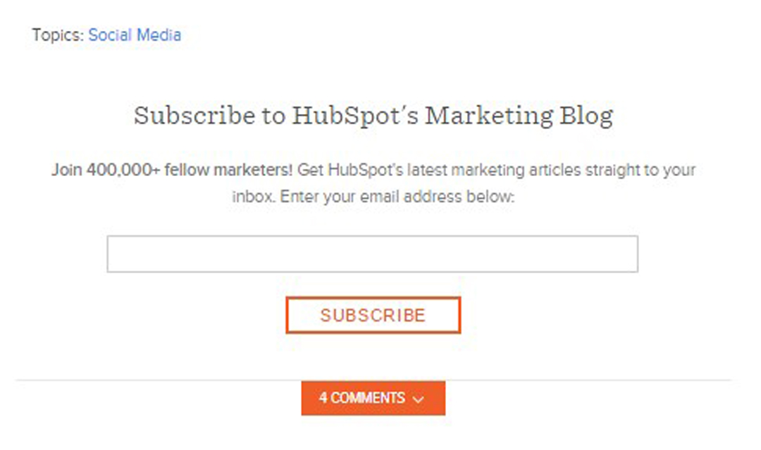 Hubspot (platforma do inbound marketingu) na swoim blogu zachęca do subskrypcji newslettera, umieszczając informację pod każdym postem