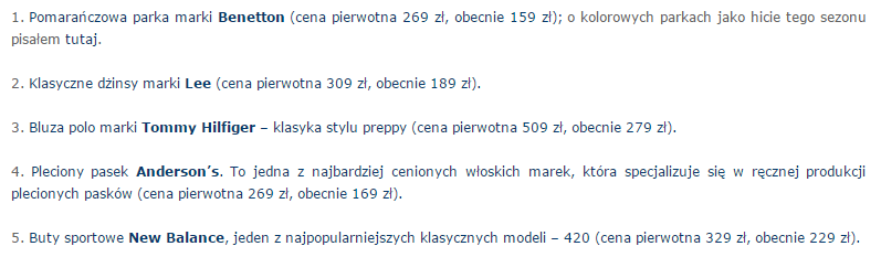 Opis produktów zamieszczonych we wpisie: po kliknięciu użytkownik był przekierowany do strony konkretnego produktu