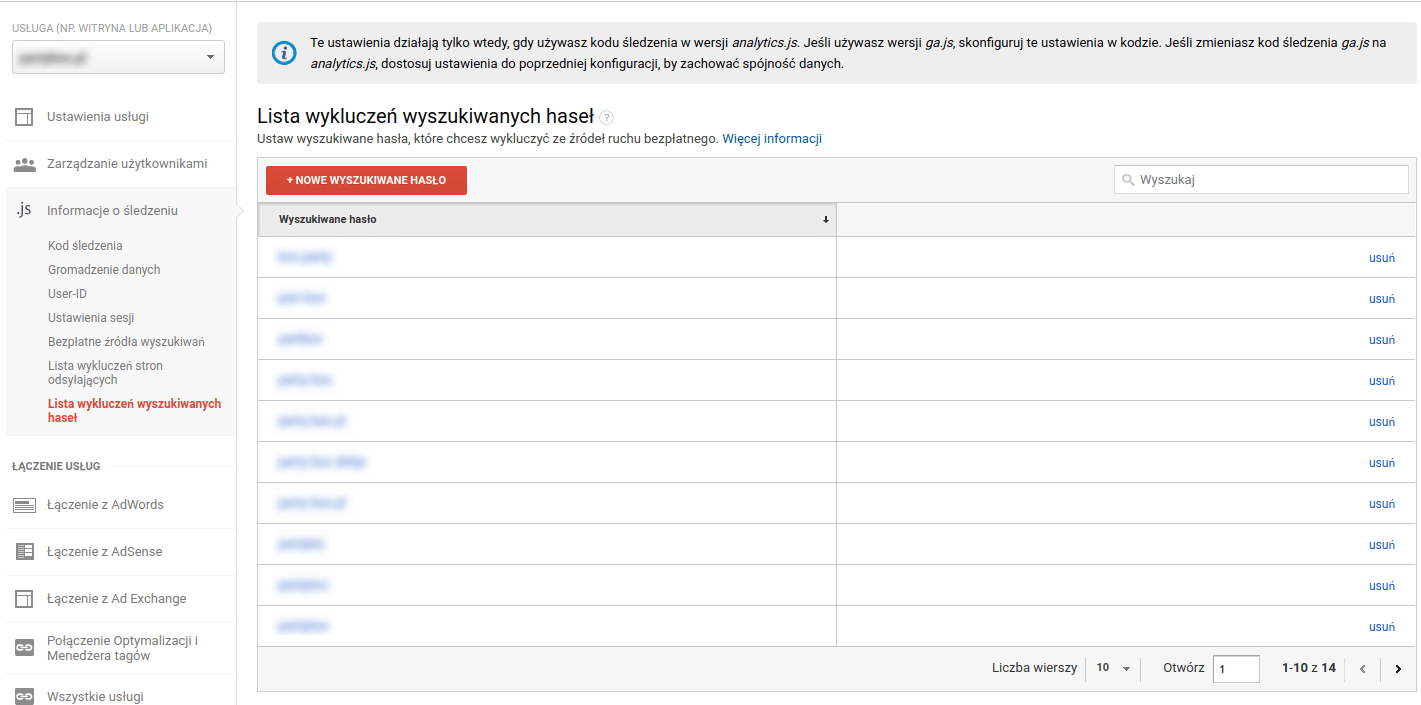 Lista wykluczeń wyszukiwanych haseł - Audyt Google Analytics