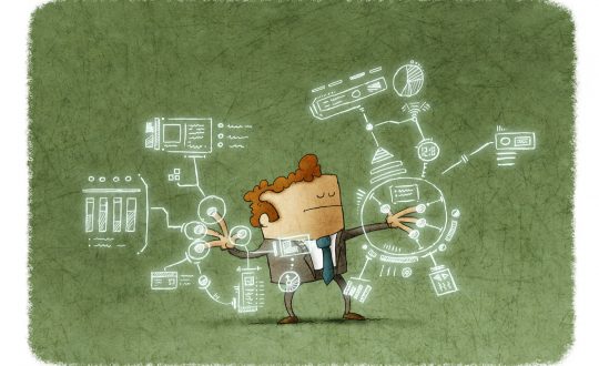 Illustration of businessman with eyes closed touching sensor screen