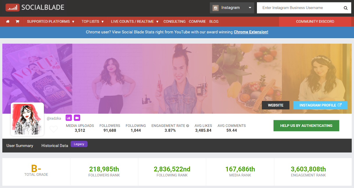 interfejs Social blade - analiza kont influencerów