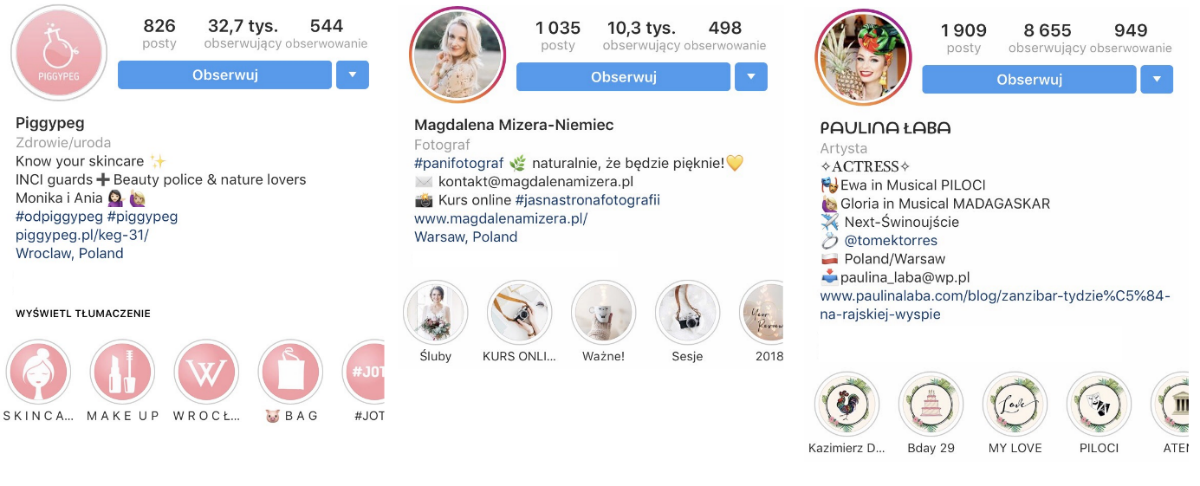 Przykłady kont influencerów