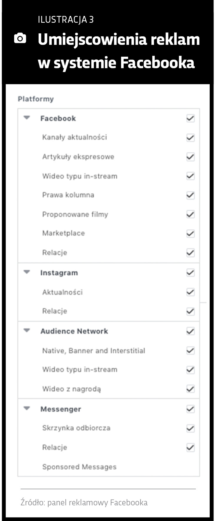 Ilustracja fragmentu interfejsu: Umiejscowienia reklam w systemie Facebook