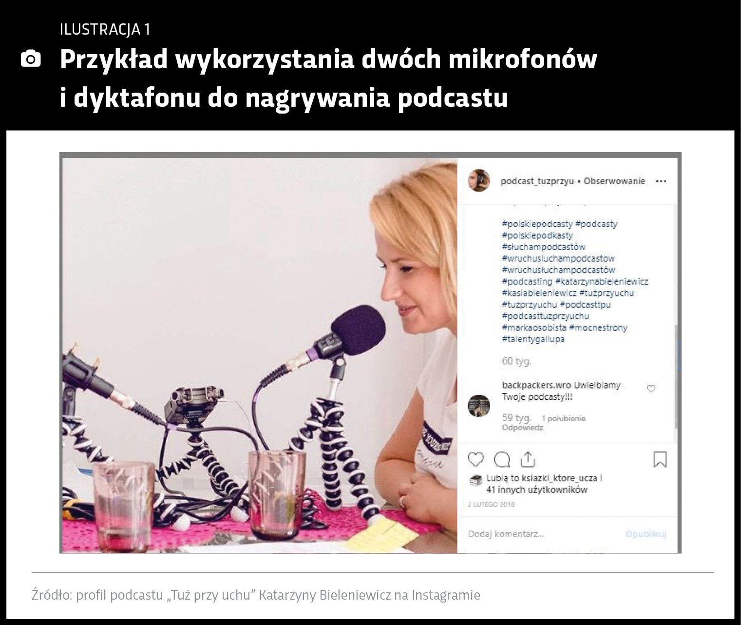 Grafika przedstawia kobietę nagrywającą podcast, przy mikrofonie przy biurku na którym leżą stojaki z dyktafonem i drugim mikrofonem. 