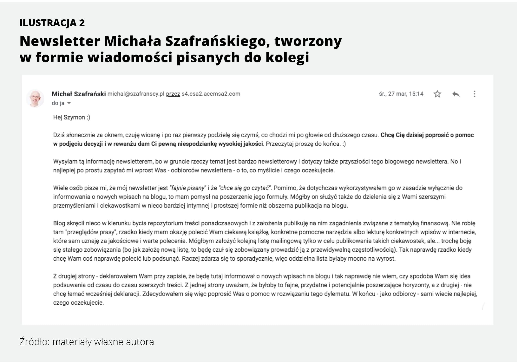 Newsletter Michała Szafrańskiego, tworzony w formie wiadomości pisanych do kolegi