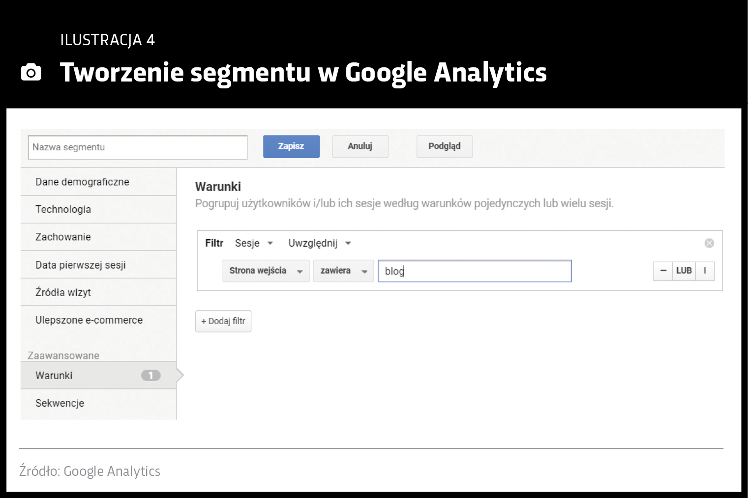 Tworzenie segmentu w Google Analytics