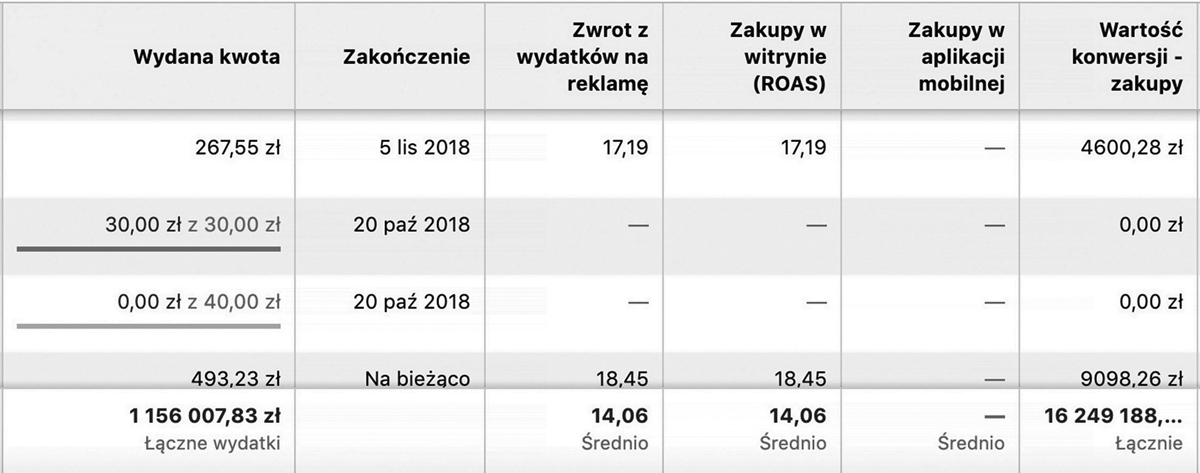 Przykład kampanii z ponad 14-krotnym zwrotem wydatków na reklamę z książki o skutecznej reklamie na Facebooku