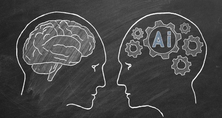 Human intelligence vs artificial intelligence. Face to face. Duel of views. Animated illustration on a school blackboard.