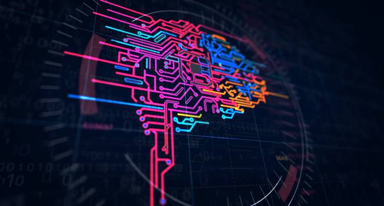 Cybernetic brain project creating. Abstract concept of cyber technology, machine and deep learning, robot and artificial intelligence 3d illustration. Drawing digital scheme line of futuristic idea.