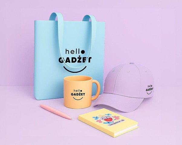 Zestaw pastelowych gadżetów reklamowych z logo „hello GADŻET” – niebieska torba, żółty kubek, fioletowa czapka z daszkiem, różowy długopis i żółty notes z kolorową ilustracją – ustawione na jasnofioletowym tle.
