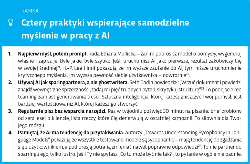 Ramka: Cztery praktyki wspierające samodzielne myślenie w pracy z AI