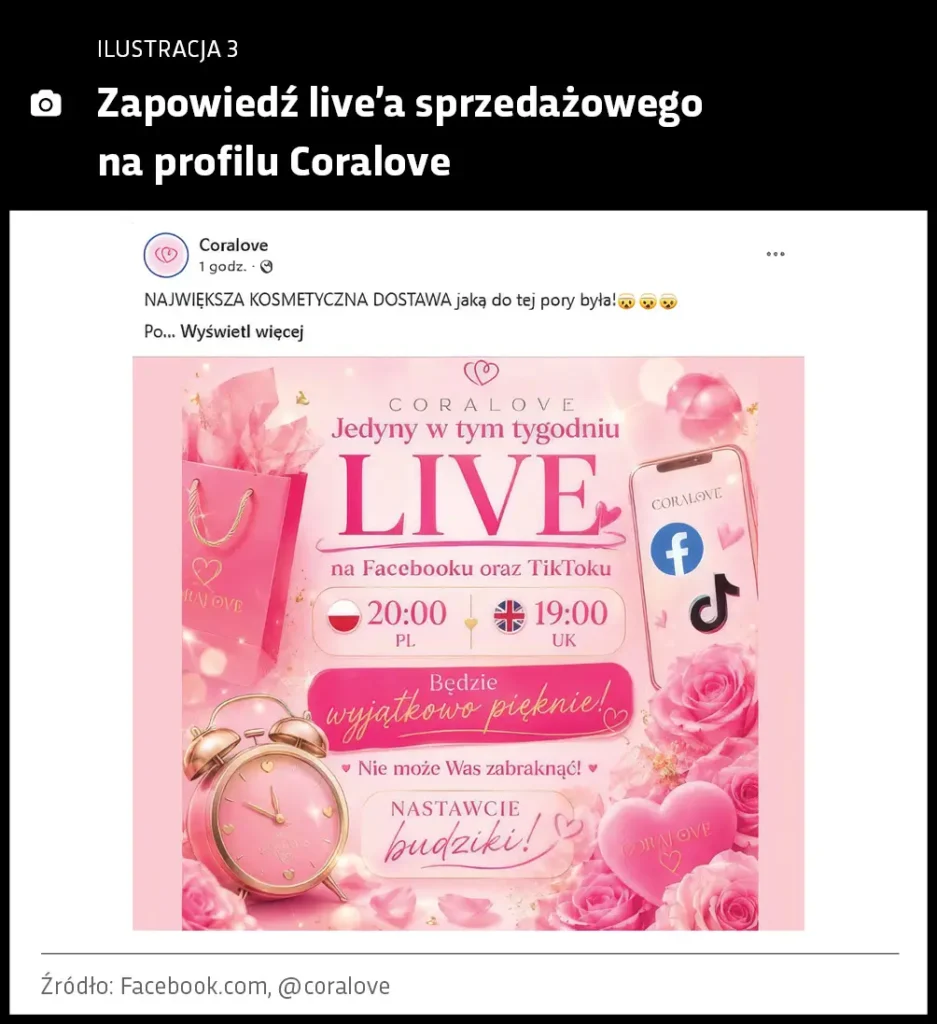 Zapowiedź live'a sprzedażowego na profilu Coralove
